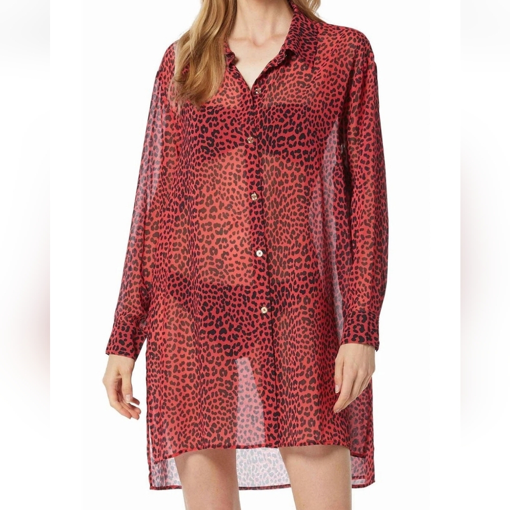 Michael Kors Womens Animal-Print Sheer Cover-Up Shirt Medium Sea Coral NWT $130